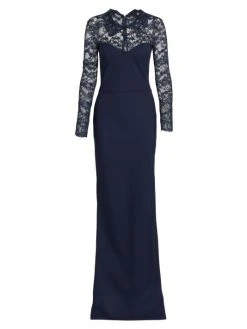 Chiara Boni La Petite Robe Lien Collared Lace Long-Sleeve Gown